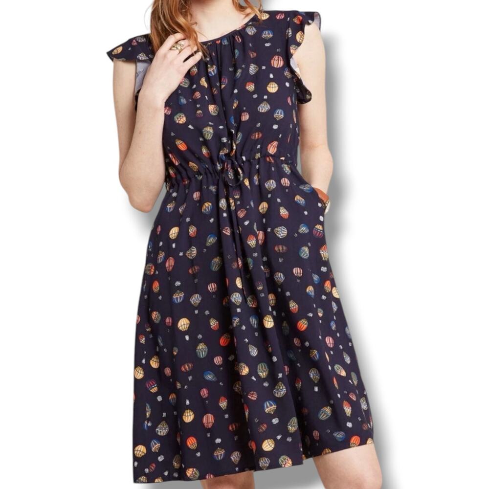 Frock Shop Hot Air Balloon Novelty Print Dress Navy Rayon Whimsical Eclectic